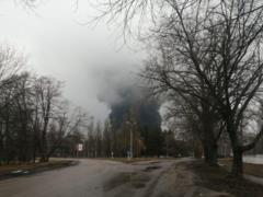 An oil depot is on fire in Chernihiv