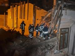 Residential building collapsed at night in the center of Lviv