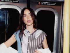 Nadya Dorofeeva in a short shirt dress arranged a photo shoot in the New York subway
