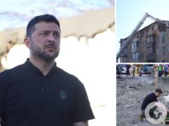  Убийство детей вместо мира : Зеленский почтил память погибших на месте попадания баллистики в Киеве.