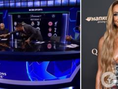 У ведущей Лиги чемпионов в прямом эфире порвалось платье и  выпала грудь .