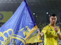 Ronaldo scoring his jubilee goal for Al-Nasr